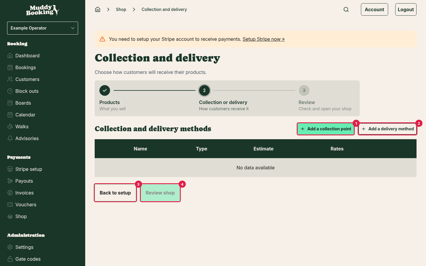 The Collection and delivery page during setup, before anything is added