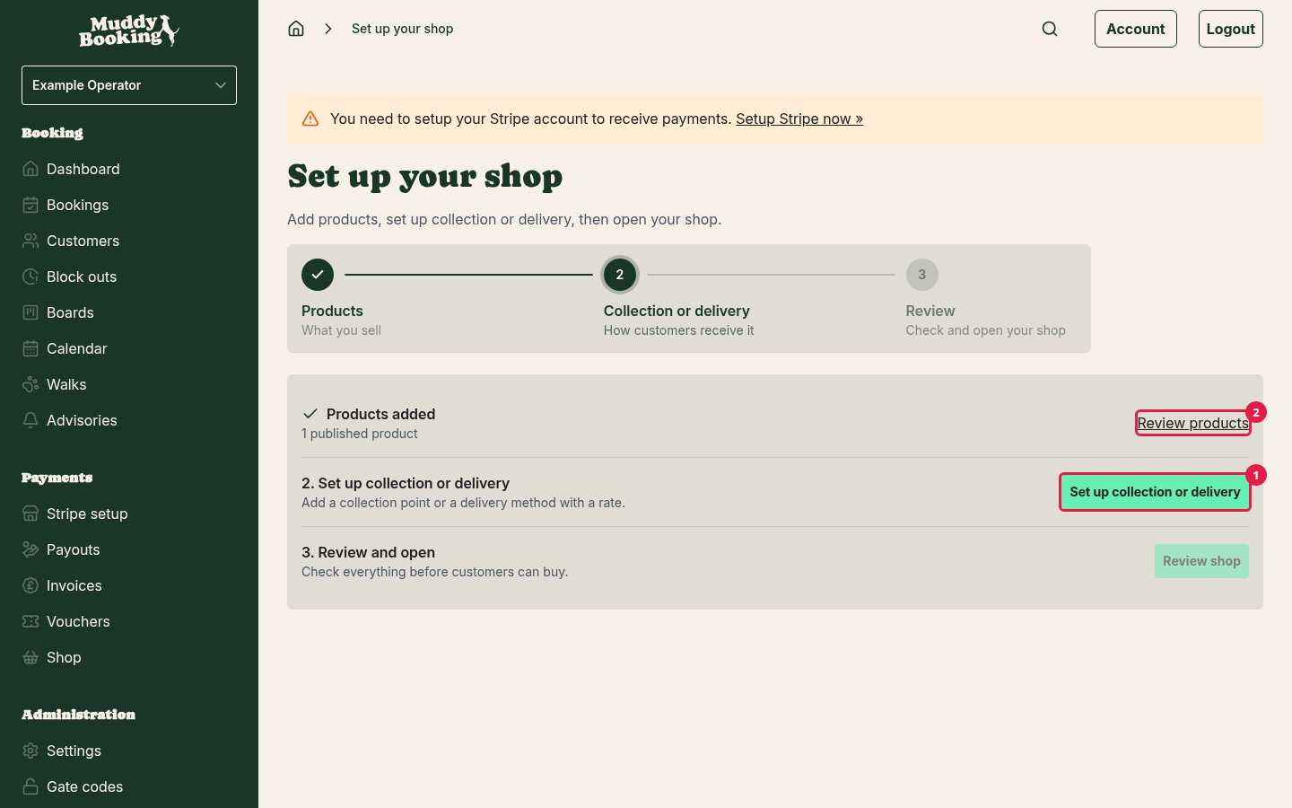 The Set up your shop page after you've added a product