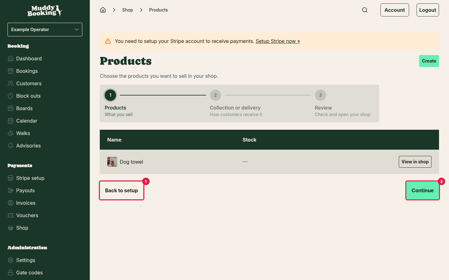 The Products page during setup, with Back to setup and Continue