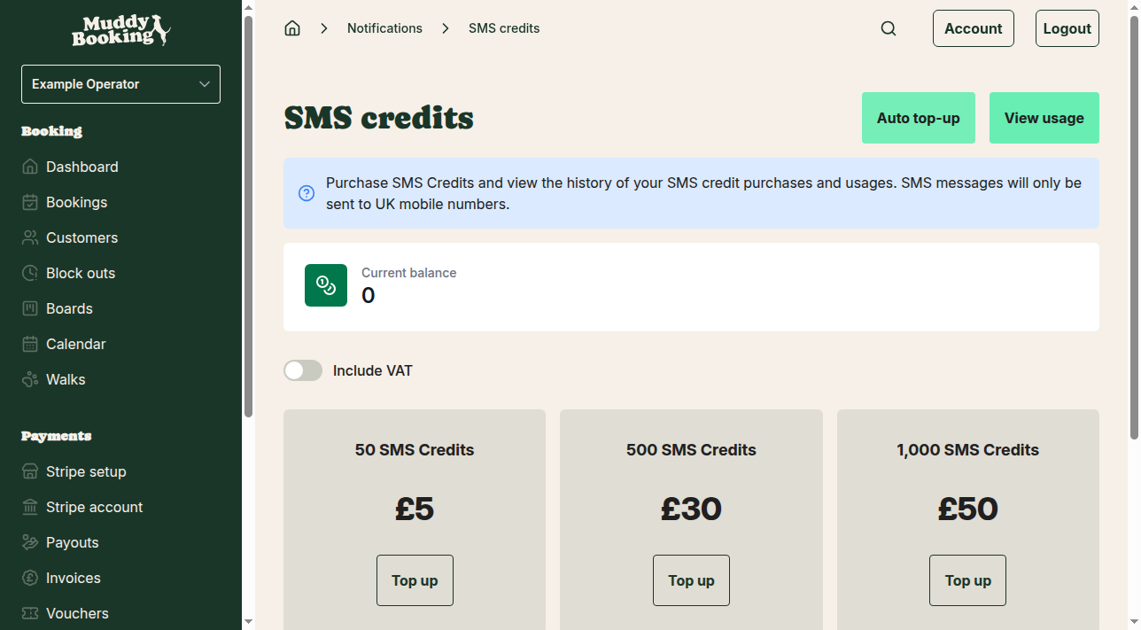 SMS credits page