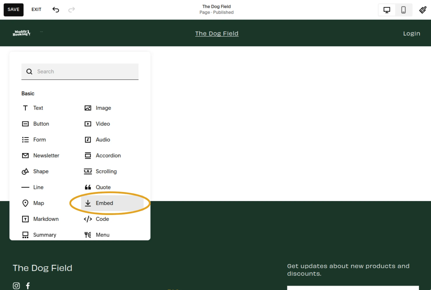 Selecting Embed block
