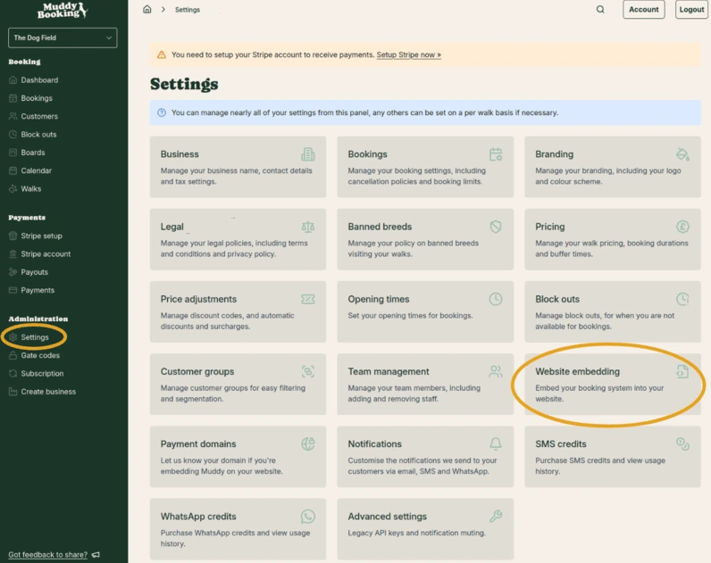Website embedding in settings