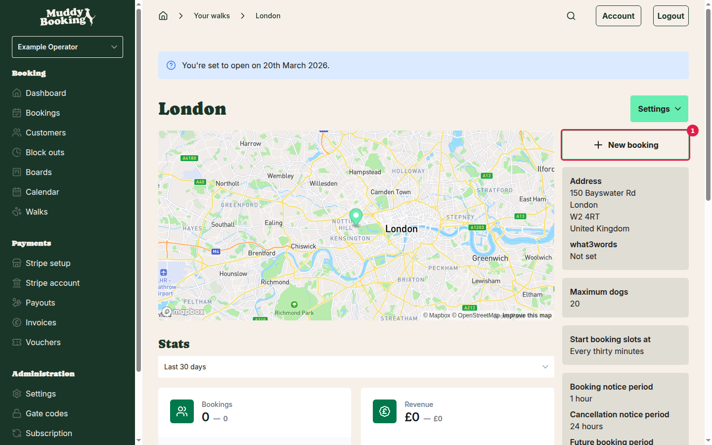 Walk page with New booking button highlighted