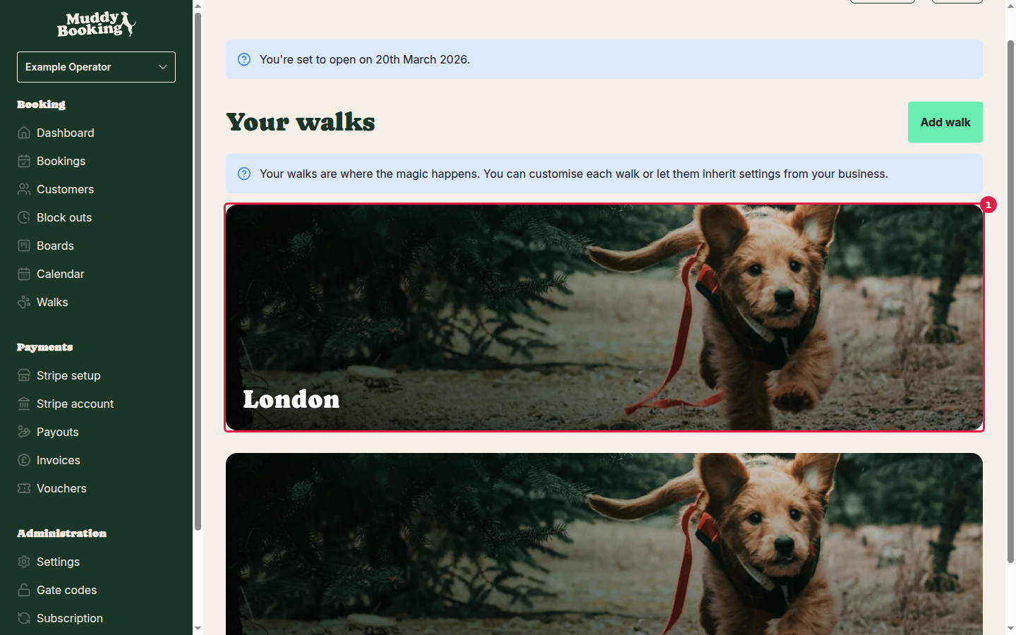 Walks page showing walk selection