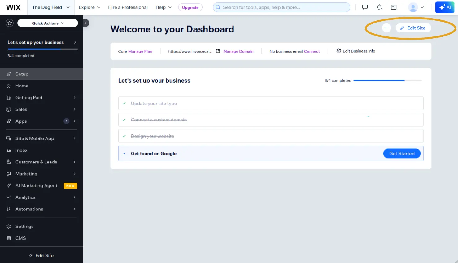 Wix dashboard