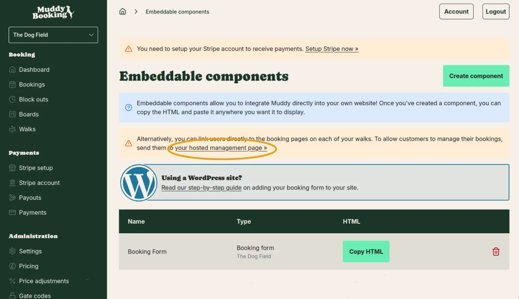 Copying the hosted booking form URL