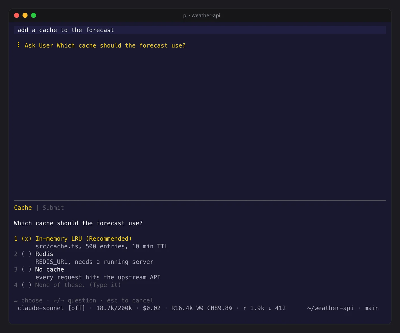A question from the model with a recommended option