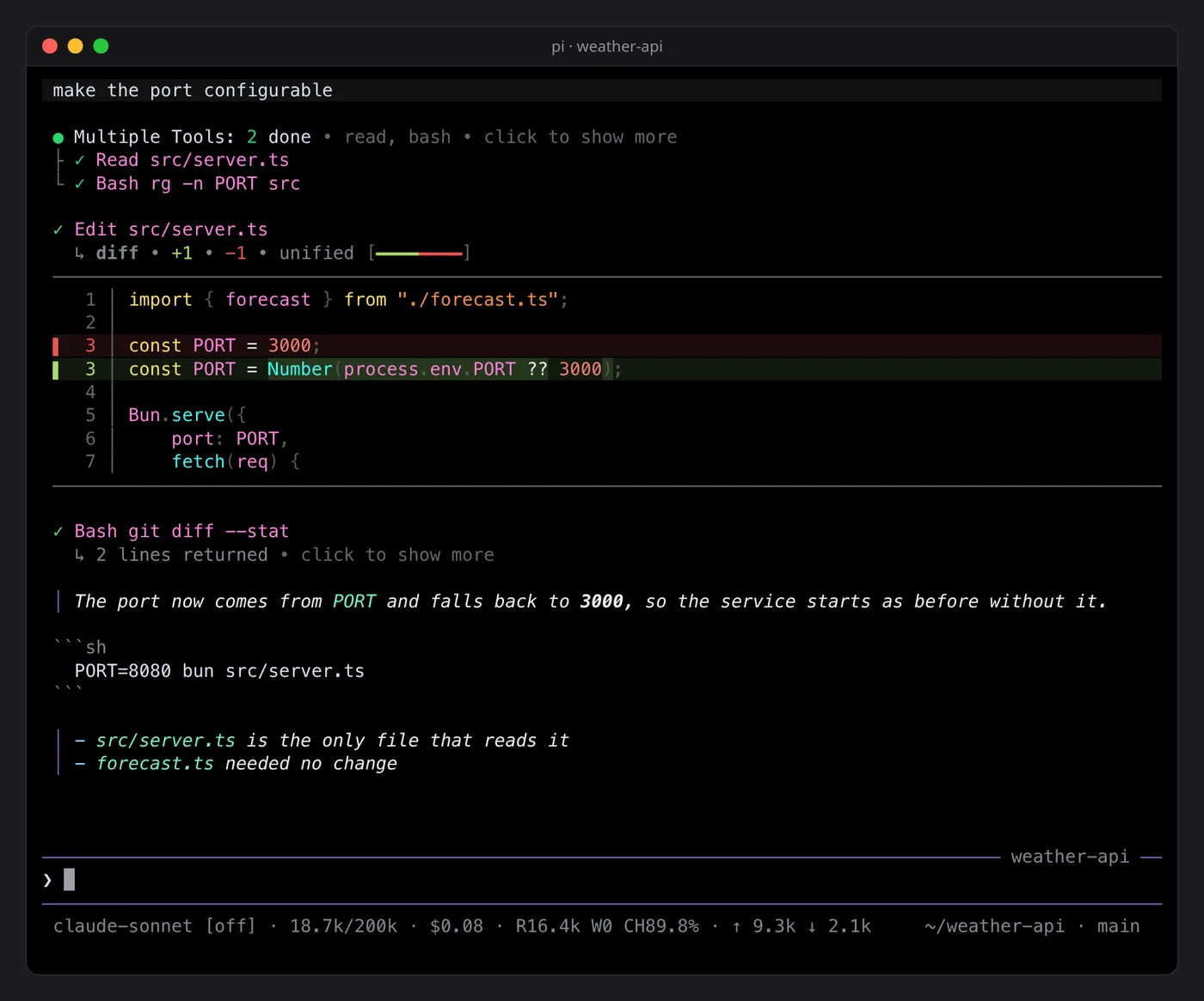 A pi session with tool cards, an edit diff, the gutter and the footer