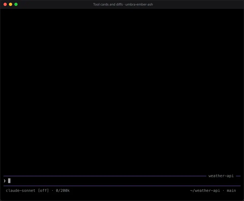 A one-minute tour: tool cards and diffs, the working line, a question from the model, parallel branches, the card settings and the seven themes