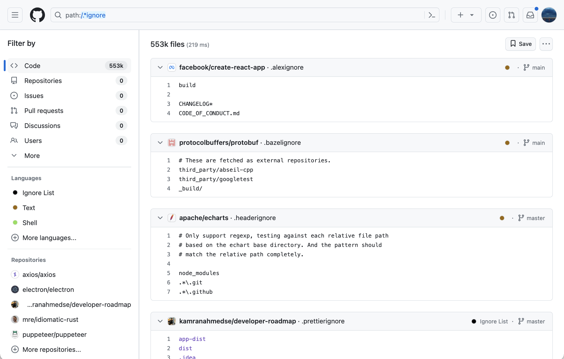 GitHub advanced search: search by path