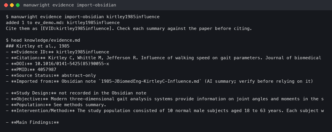 manuwright importing a reference from the Obsidian library into evidence.md
