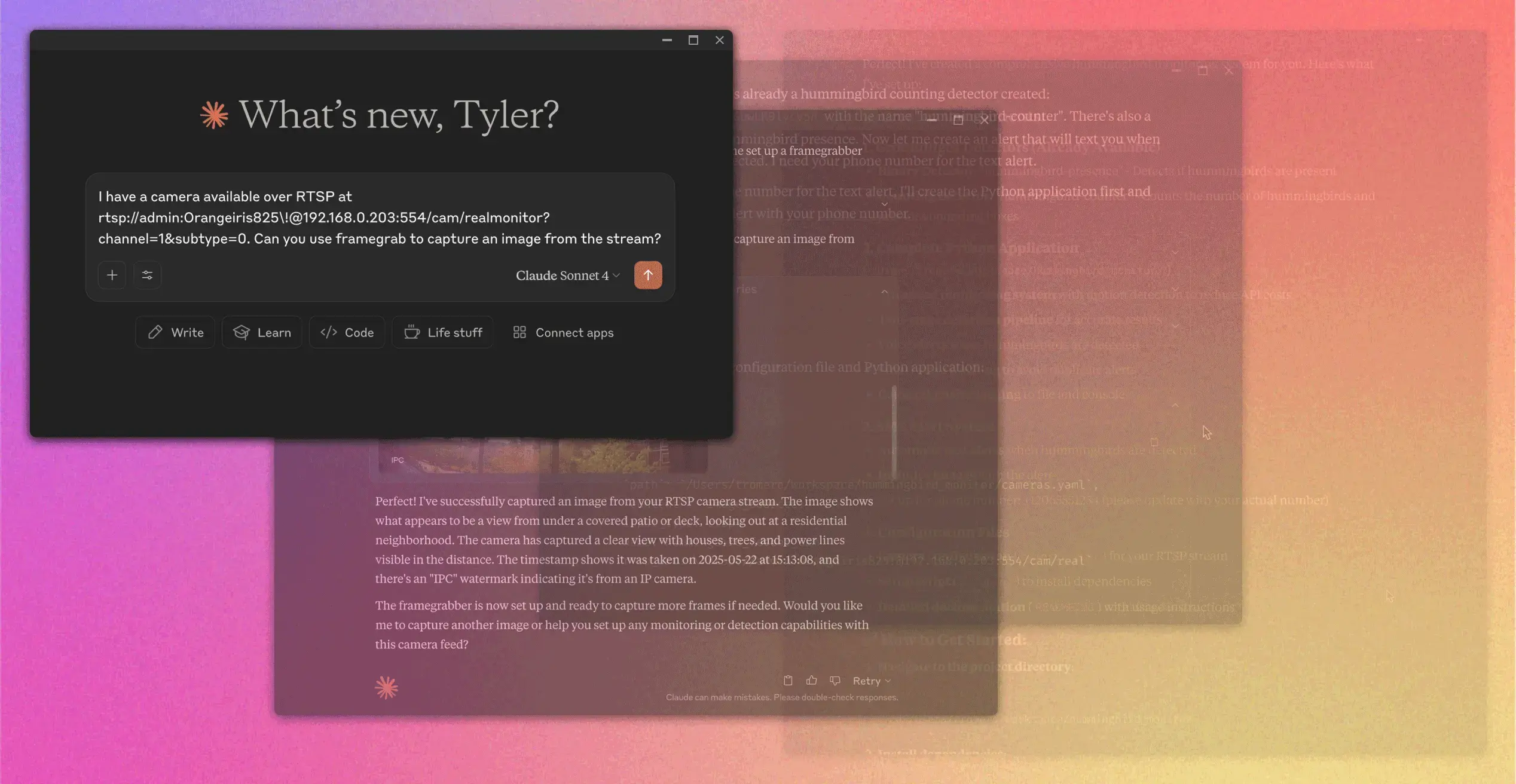 Animated highlights from Claude creating hummingbird alert application using Groundlight MCP server