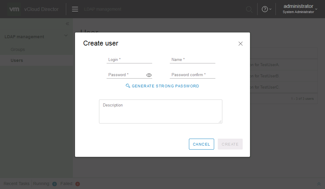 Preview of LUMExt for vCloud Director - User creation