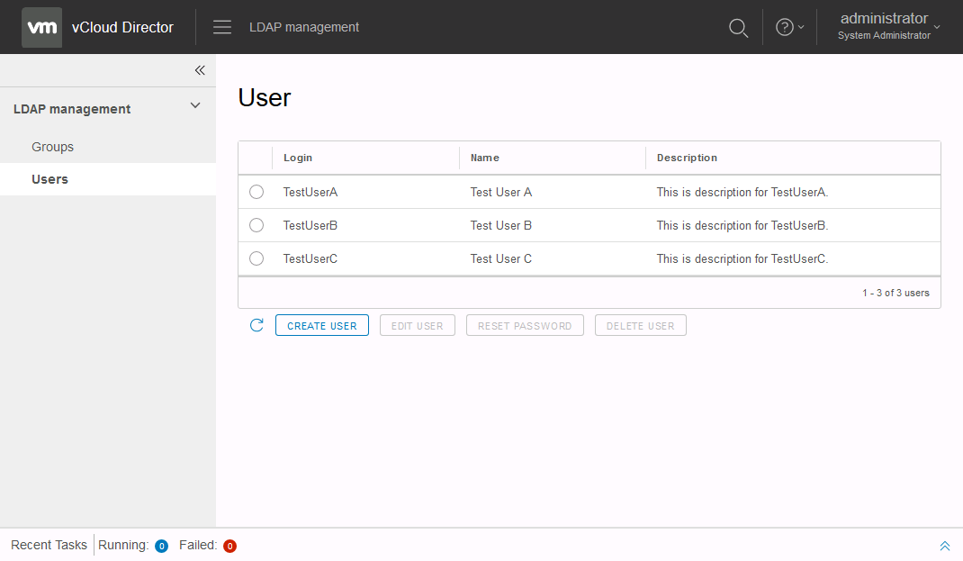 Preview of LUMExt for vCloud Director - User listing