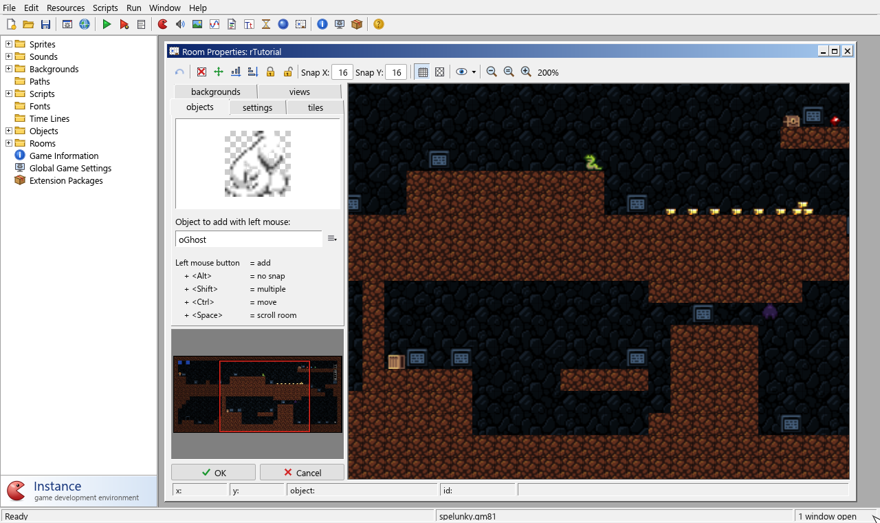 The Instance IDE with the tutorial level of Spelunky Classic open in the room editor, zoomed to 200%
