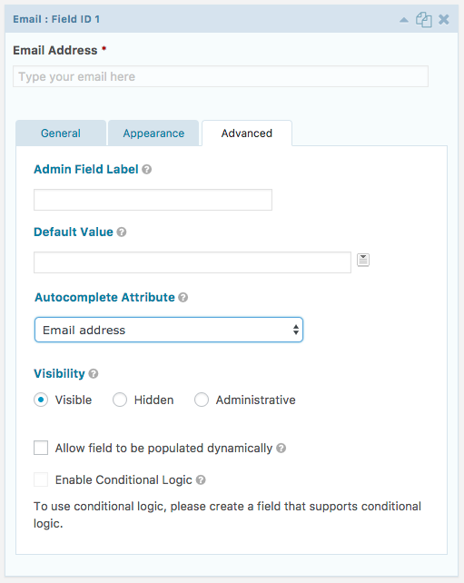 Gravity Forms field settings with the "Autocomplete Attribute"