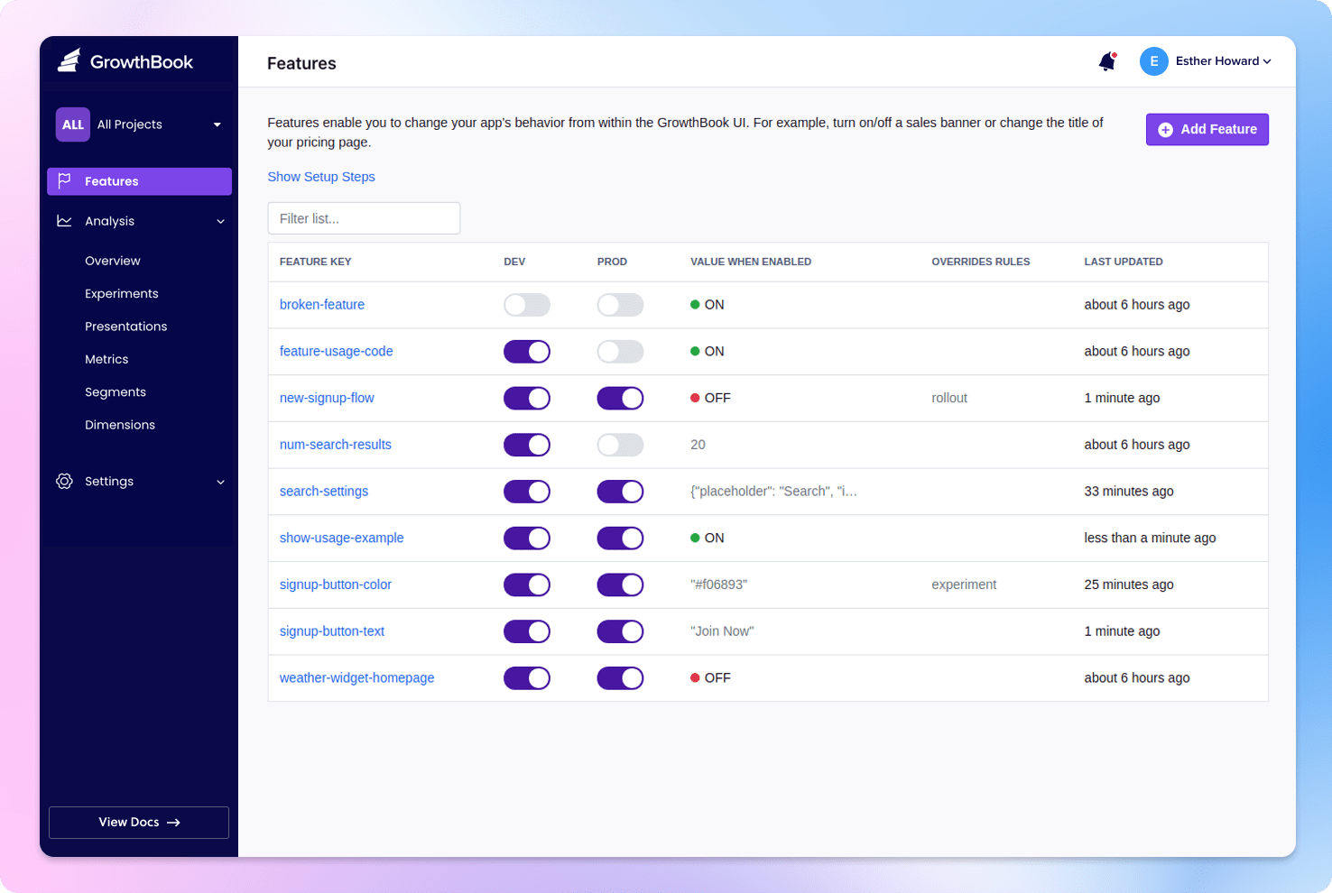 GrowthBook feature flag and experiment dashboard