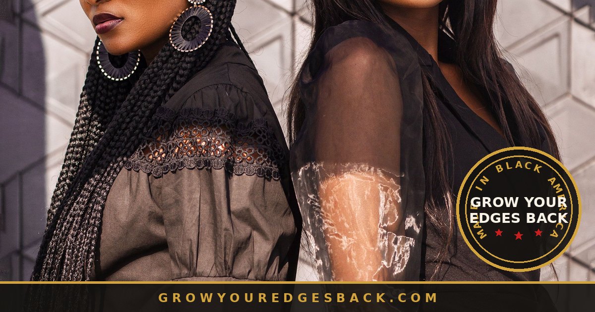 Two women with contrasting hair textures back to back - Grow Your Edges Back