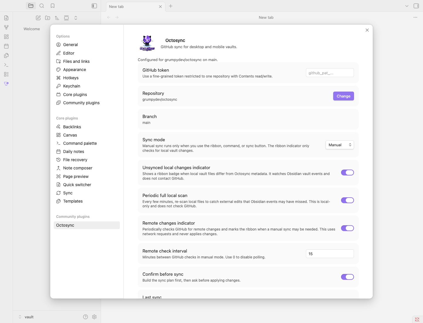 Octosync settings screen