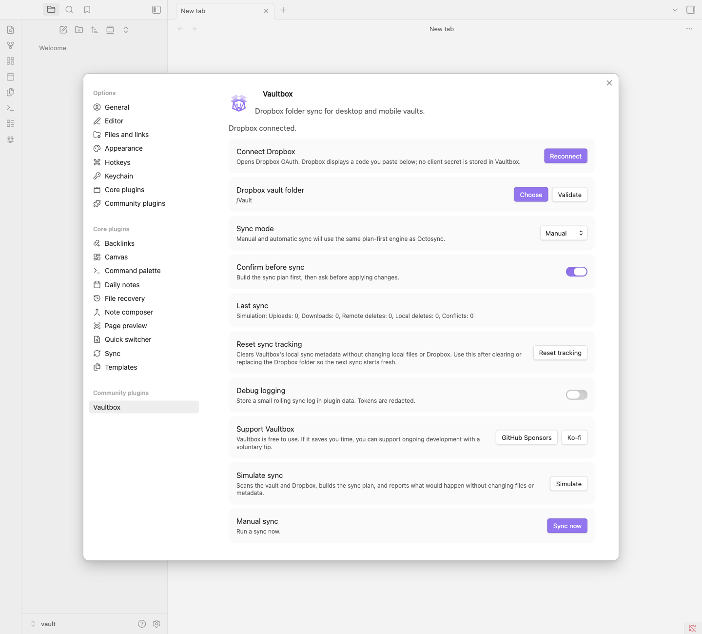 Vaultbox settings screen