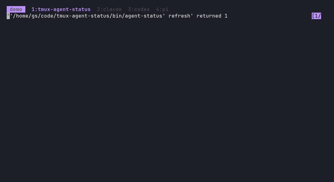 tmux-agent-status demo: the bar stays silent while agents work, codex finishing shows a quiet checkmark, claude blocking on a permission prompt shows a warning marker, prefix+a opens a searchable popup across every session with a live preview, and enter jumps straight to the blocked pane