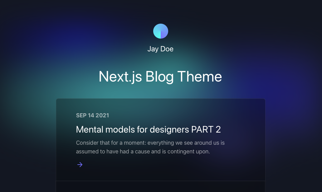 Preview of blog theme. Author named Jay Doe and blog's name is "Next.js Blog Theme" with one blog post