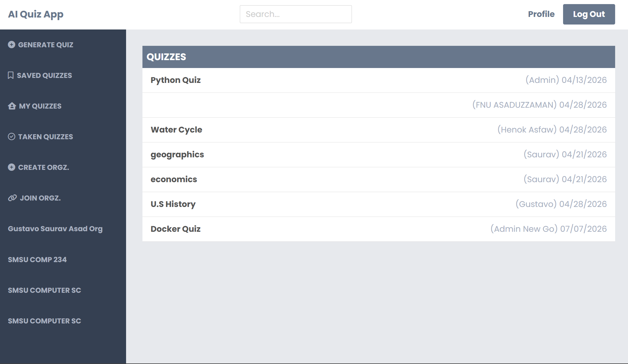 Quizzes list view