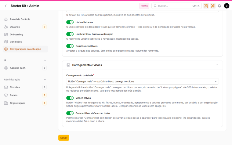 Aba Tabelas das configurações da aplicação, com Carregamento da tabela, Visões salvas e Compartilhar visões com todos