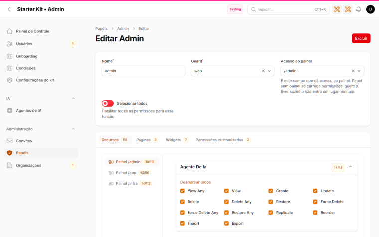 A role edit screen in Filament Shield, with the Import and Export checkboxes next to View Any, Create and Delete