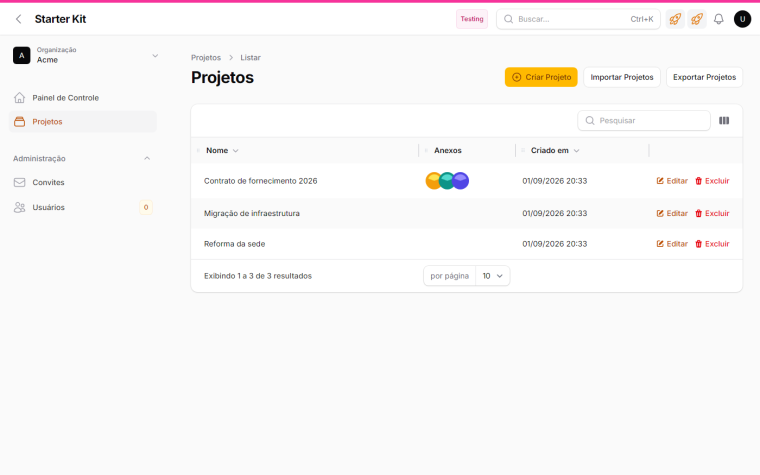 The Projeto listing on /app with the attachment column: circular thumbnails stacked on each record's row