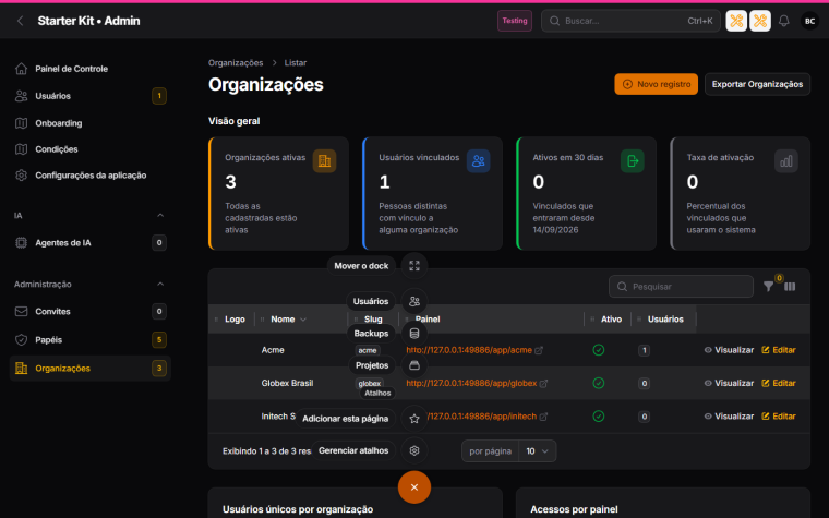 Dock aberto no painel admin em tema escuro, com superfície e rótulos escuros