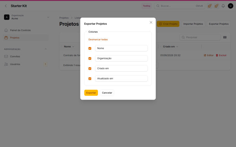 The Projeto export modal, with one field per exporter column — Nome, Organização, Criado em and Atualizado em — each with a checkbox and an editable label