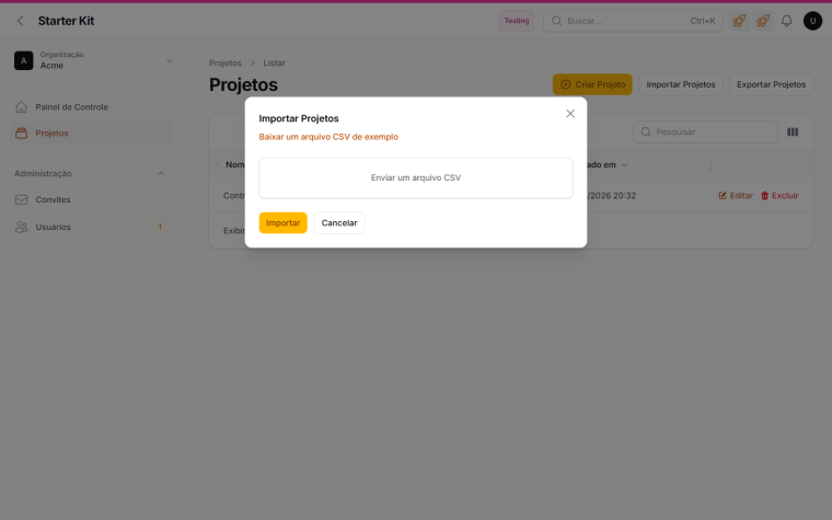 The Projeto import modal, with the link to download a sample CSV and the file upload field
