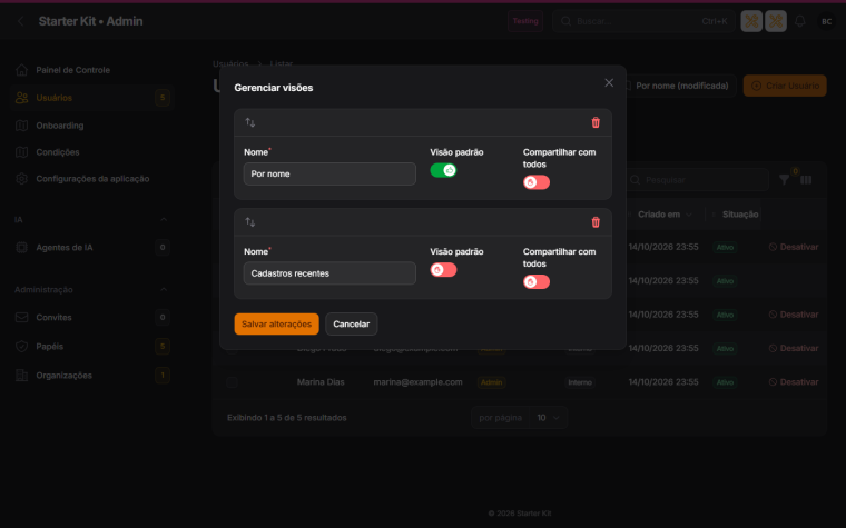 Modal Gerenciar visões em tema escuro
