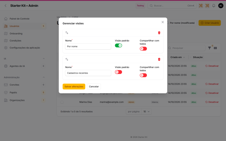 Modal Gerenciar visões, com as visões do usuário renomeáveis, reordenáveis e apagáveis