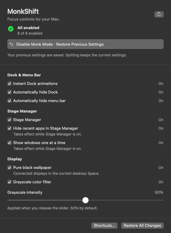 MonkShift controls in dark appearance