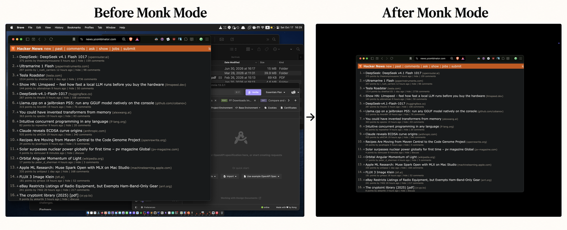 Before and after Monk Mode: overlapping application windows and a visible Dock on the left; one browser window on a black desktop on the right.
