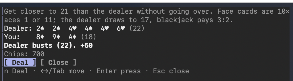 The blackjack table in a Claude Code side pane