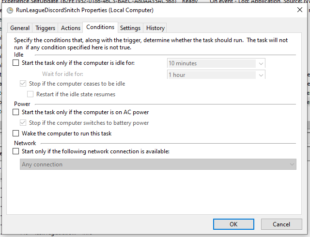 Windows Task Scheduler Conditions Tab
