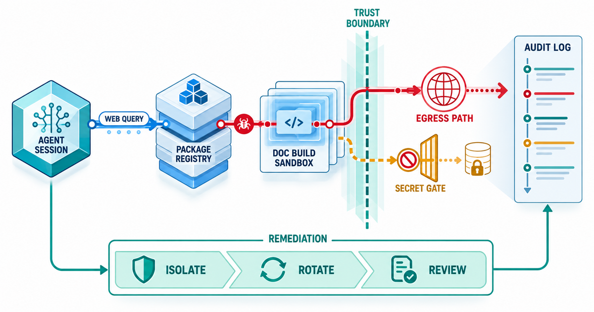 Textbook security cutaway showing an agent session reaching a package registry and documentation sandbox, an egress path crossing a trust boundary, a blocked secret gate, audit logging, and remediation controls.
