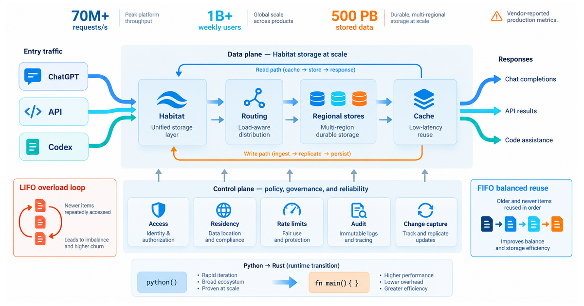 White-background textbook architecture showing ChatGPT, API and Codex request streams entering Habitat routing, regional stores and cache, with access, residency, rate-limit, audit and change-capture controls; LIFO and FIFO reuse are compared beside a Python-to-Rust migration.