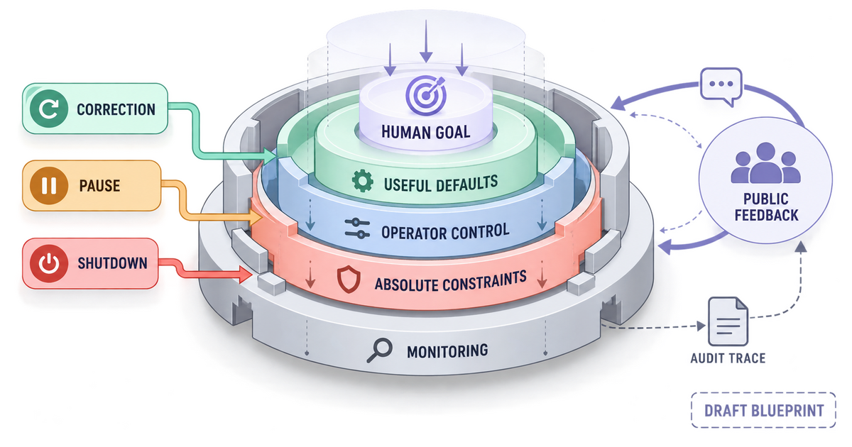 White-background layered textbook cutaway placing a human goal inside useful defaults, operator control, absolute constraints, and monitoring, with correction, pause, shutdown, audit trace, and public-feedback pathways around a clearly marked draft blueprint.