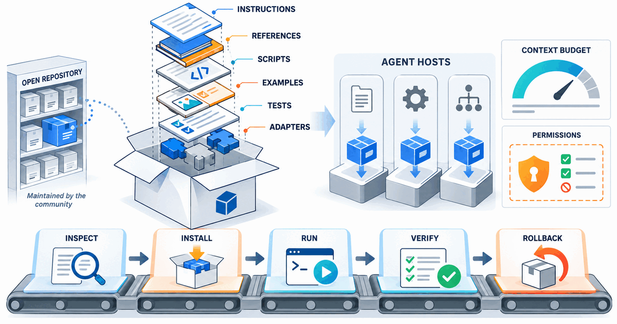 White-background exploded textbook view of a maintained open Agent Skills package with instructions, references, scripts, examples, tests, adapters, context budget, and permissions, above an inspect, install, run, verify, and rollback lifecycle.