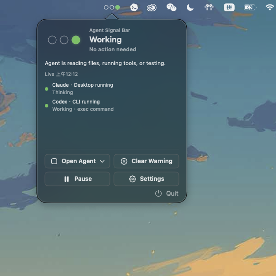 Agent Signal Bar detailed menu bar panel