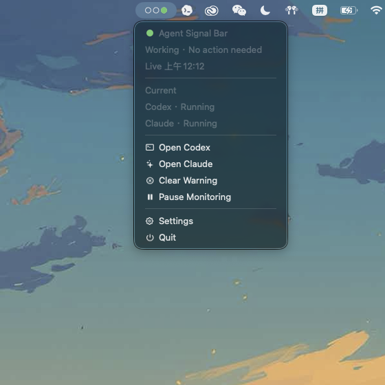 Agent Signal Bar simple native menu bar panel