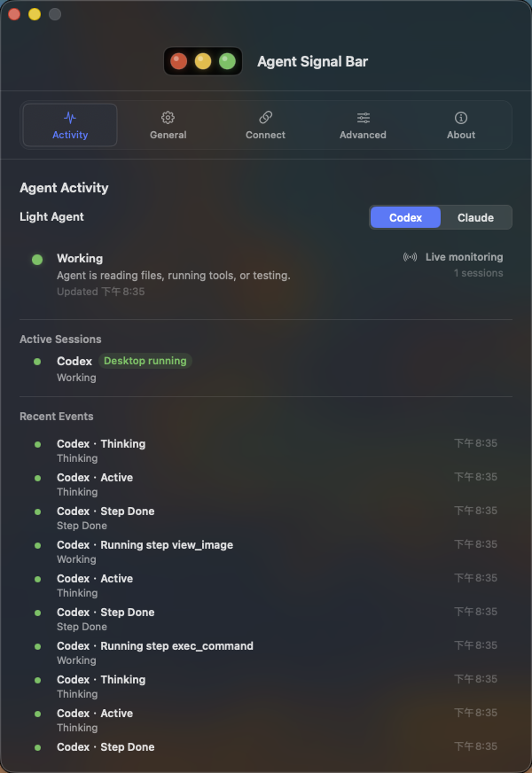 Agent Signal Bar settings window Activity page with the default standard Liquid Glass effect