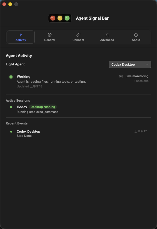 Agent Signal Bar settings window Activity page without Liquid Glass