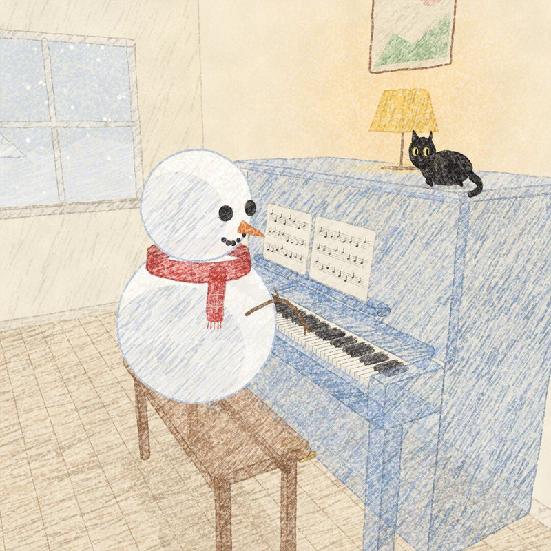 送别：雪人与黑猫的钢琴动画