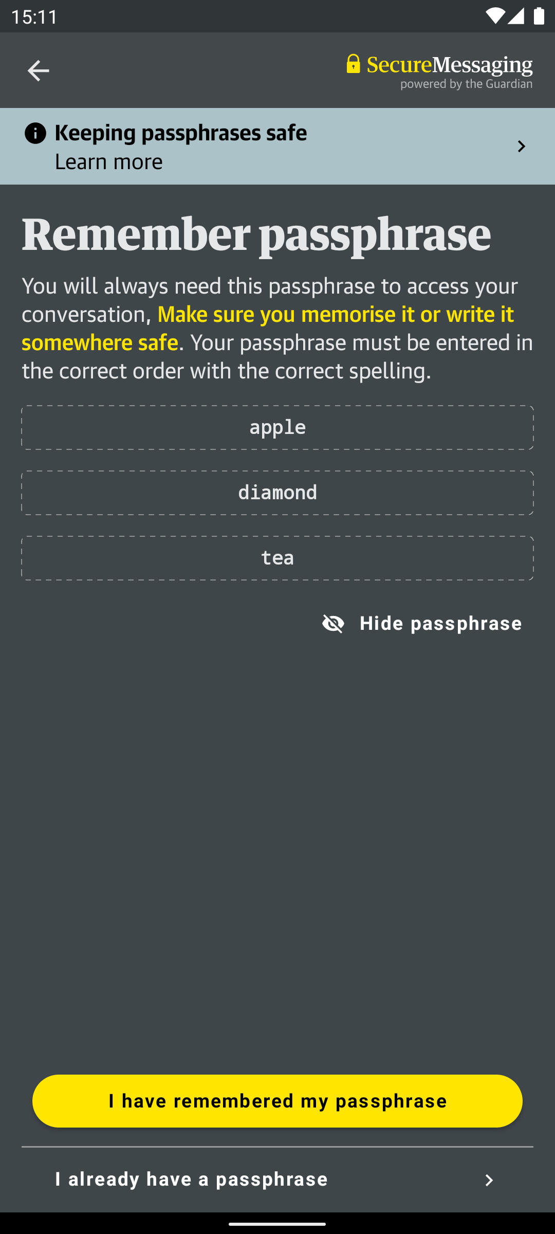Generated passphrase for the vault