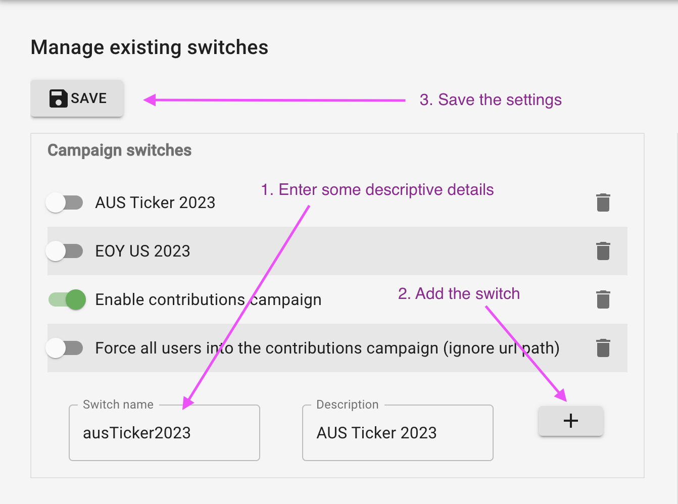 A screenshot of the steps to adding a campaign switch in RRCP